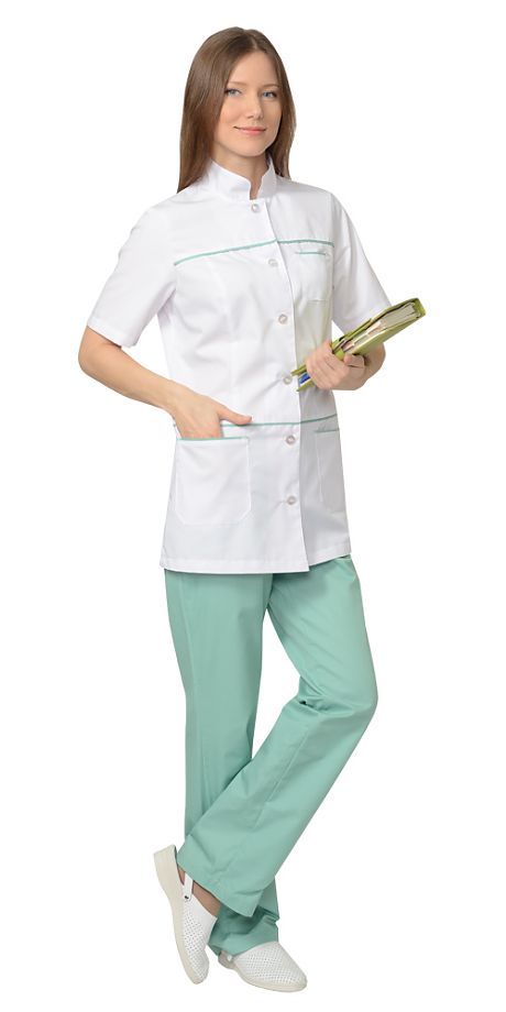 Mедицинский костюм “СИРИУС-ЛАУРА” женский: блуза, брюки, (белый с мятным) Артикул: 04050