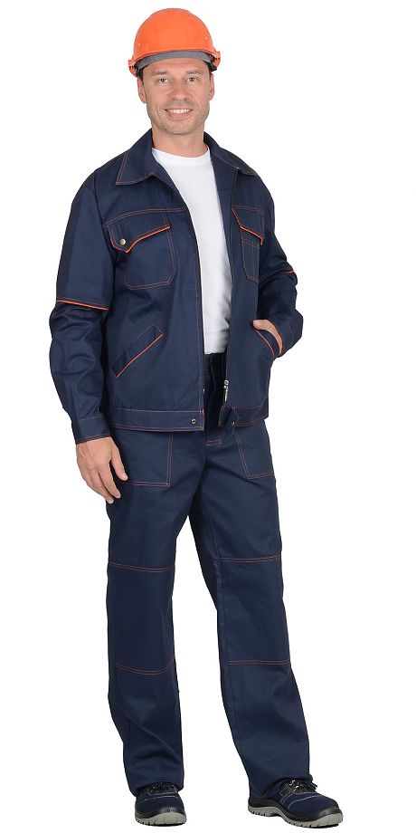 Костюм "СИРИУС-ПРОФИ-2" : куртка, брюки (100% узбекская саржа) синий с оранжевым кантом.Плотность 210. арт. 06142
