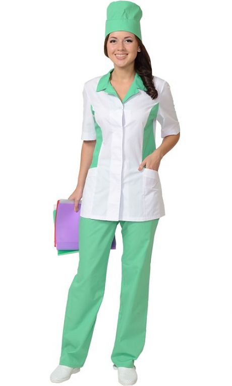 Медицинский костюм “СИРИУС-ФЛОРЕНЦИЯ” женский: куртка, брюки, колпак белый с салатовым Артикул: 08072