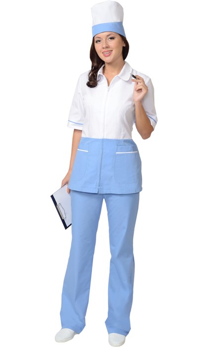 Медицинский костюм “СИРИУС-СТЕФАНИ” женский: куртка, брюки, колпак белый с голубым (СТ) Артикул: 08111