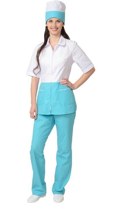 Медицинский костюм “СИРИУС-СТЕФАНИ” женский: куртка, брюки, колпак белый со светло-бирюзовым Артикул: 08115