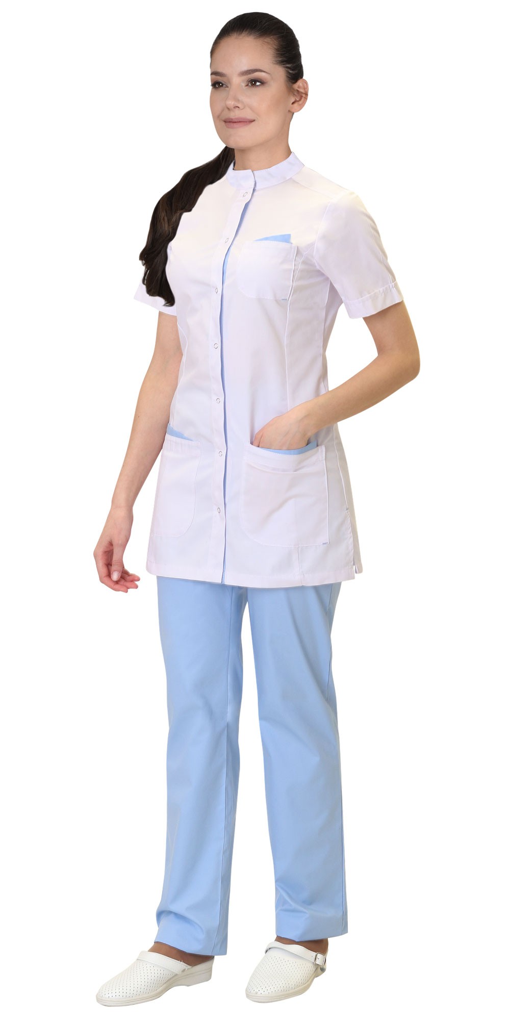 Mедицинский костюм “СИРИУС-ЭВИТА” женский белый с голубым Артикул: 03619