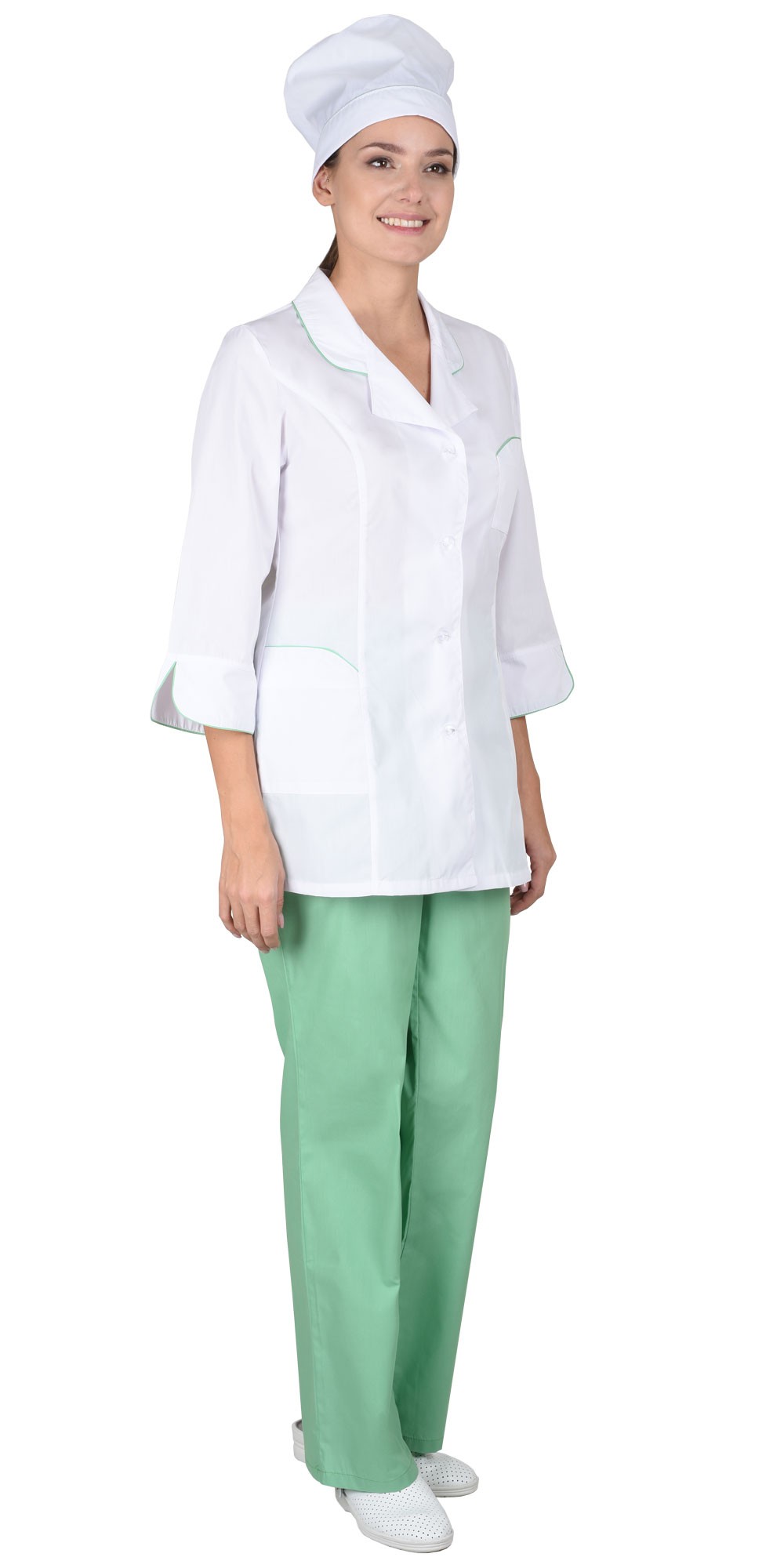 Медицинский костюм “СИРИУС-ЖАСМИН” женский белый с салатовым Артикул: 08131