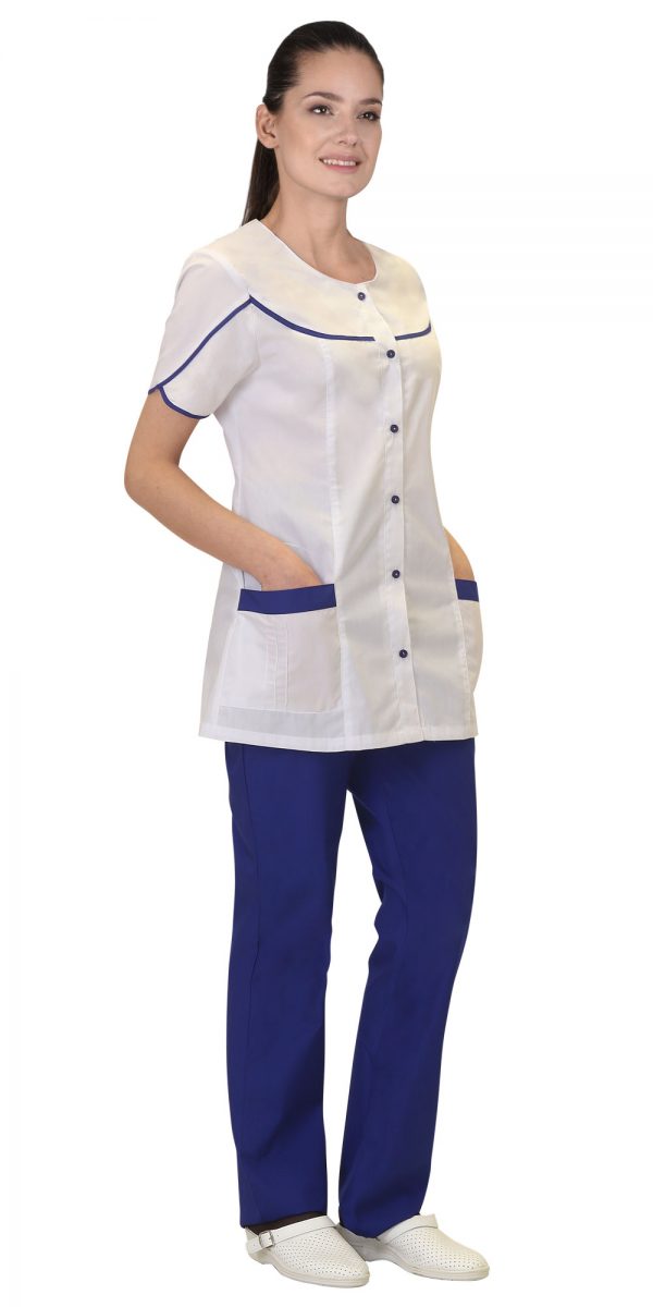 Mедицинский костюм “СИРИУС-БЕЛЛА” женский белый с васильковым Артикул: 119739