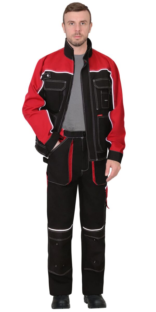 Костюм СИРИУС-АГАТ куртка, брюки черный с красным пл. 260 г/кв.м. ВО отделка арт. 147241